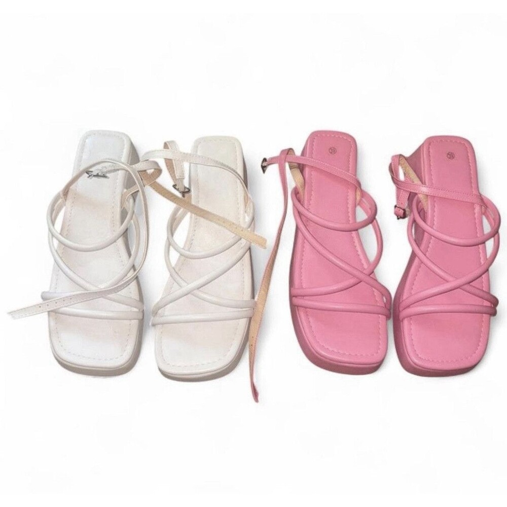 Women’s Pink Strappy Platform Sandals Faux Leather Buckle Closure US 8 EU 39